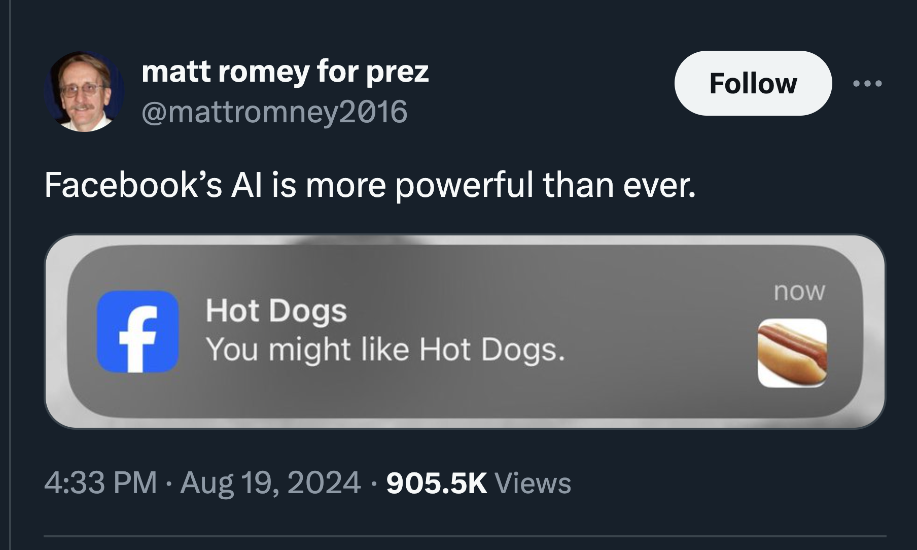 screenshot - matt romey for prez Facebook's Al is more powerful than ever. Hot Dogs f You might Hot Dogs. . Views now